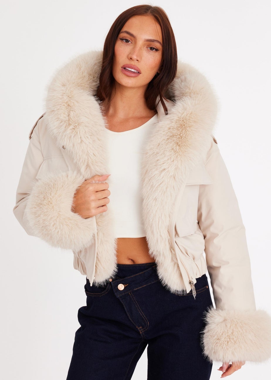 Quiz Stone Faux Fur Bomber Jacket