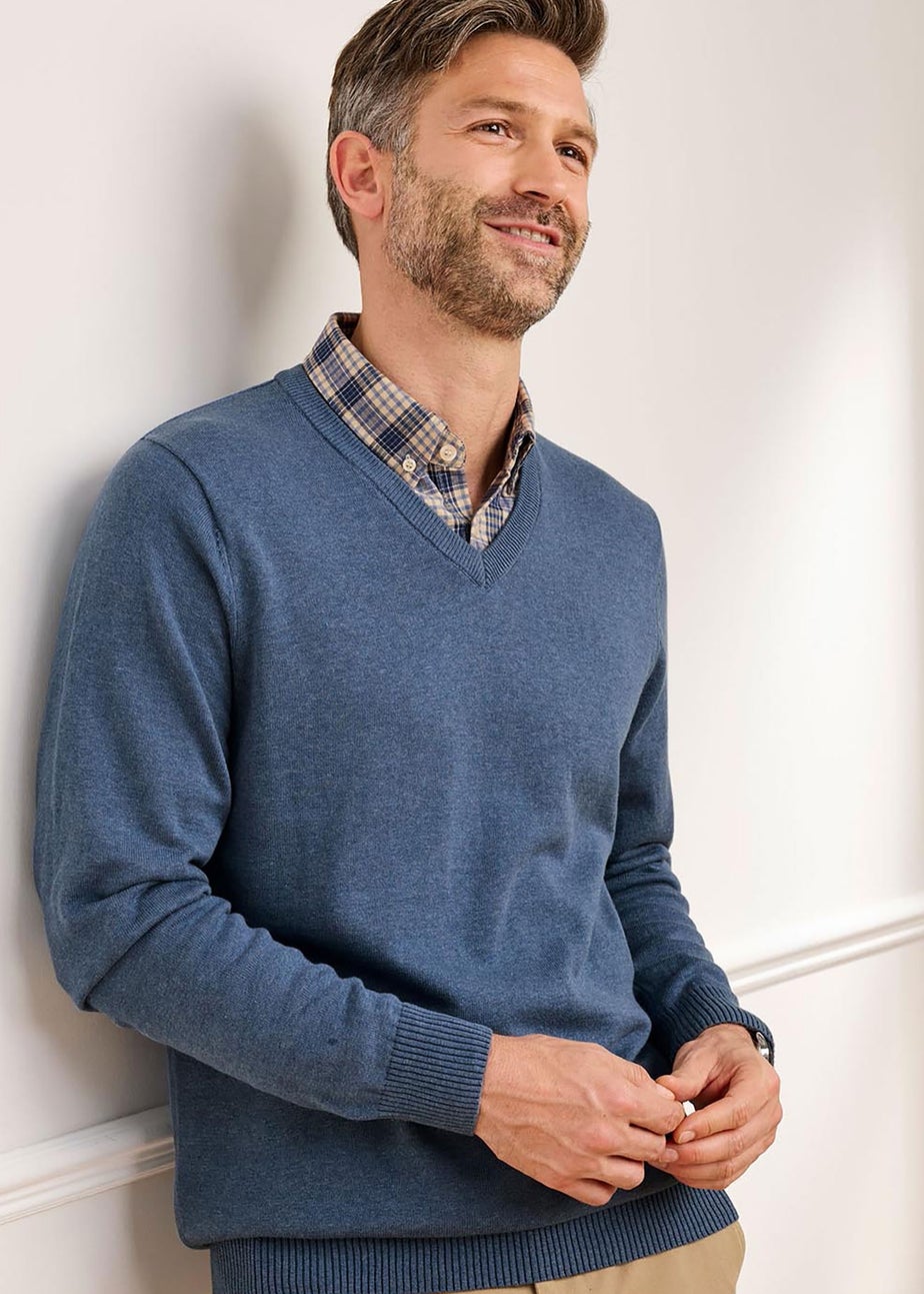 Cotton Traders Pale Blue Luxury Cotton V-Neck Mock Shirt Jumper