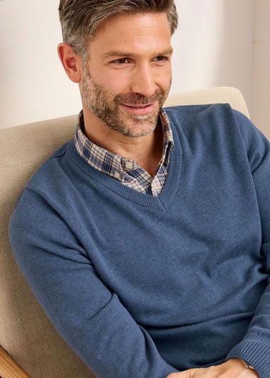 Cotton Traders Pale Blue Luxury Cotton V-Neck Mock Shirt Jumper