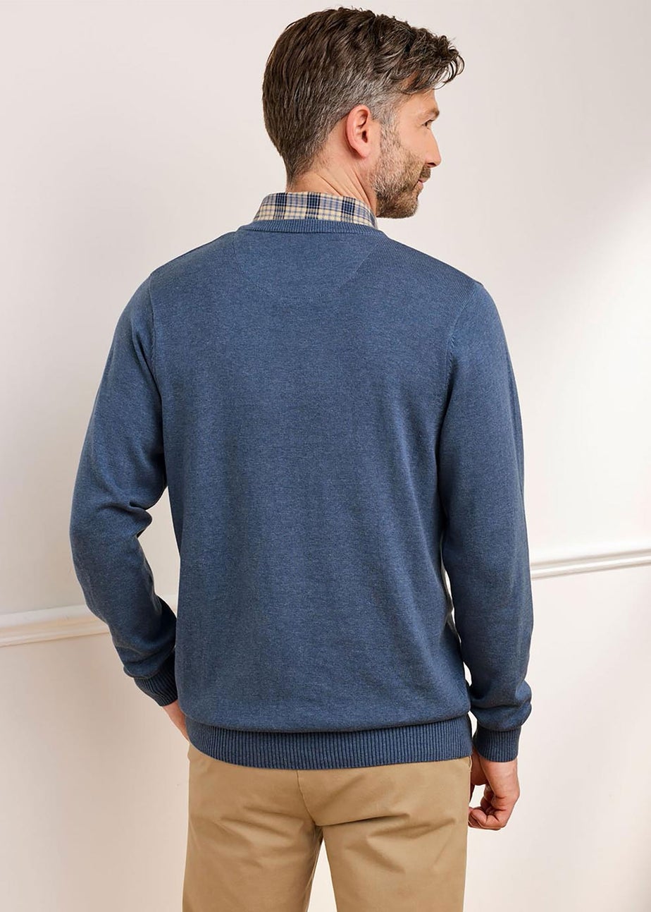 Cotton Traders Pale Blue Luxury Cotton V-Neck Mock Shirt Jumper