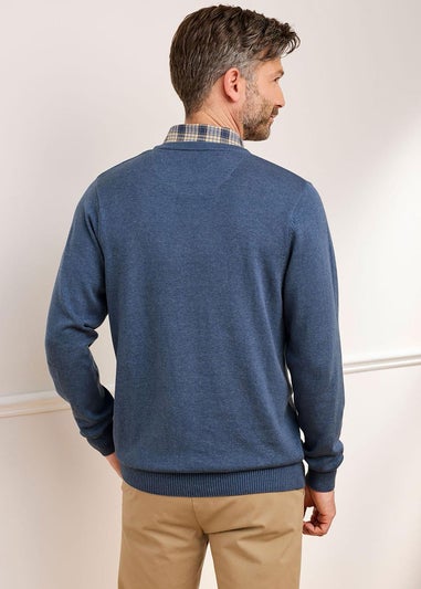 Cotton Traders Pale Blue Luxury Cotton V-Neck Mock Shirt Jumper