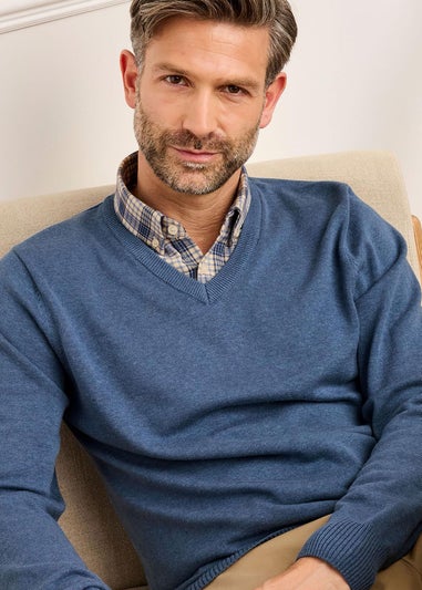 Cotton Traders Pale Blue Luxury Cotton V-Neck Mock Shirt Jumper