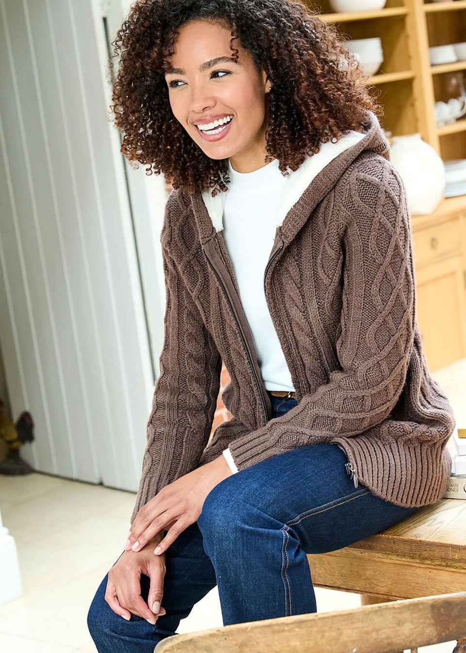 Cotton Traders Chestnut Cable Hooded Zip Cardigan