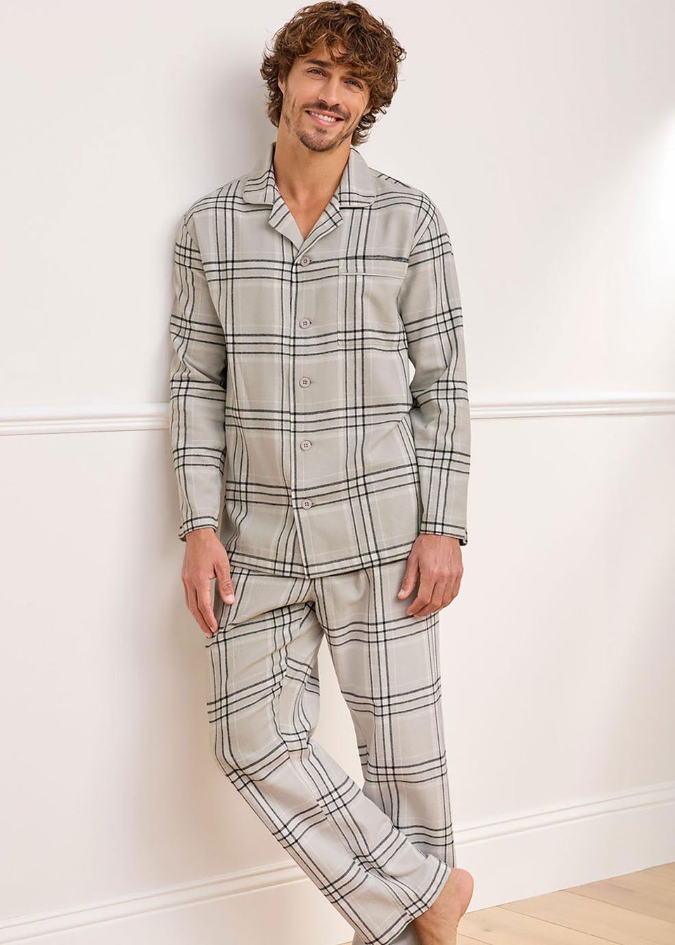 Cotton Traders Grey Brushed Cotton Long Sleeve PJ Set