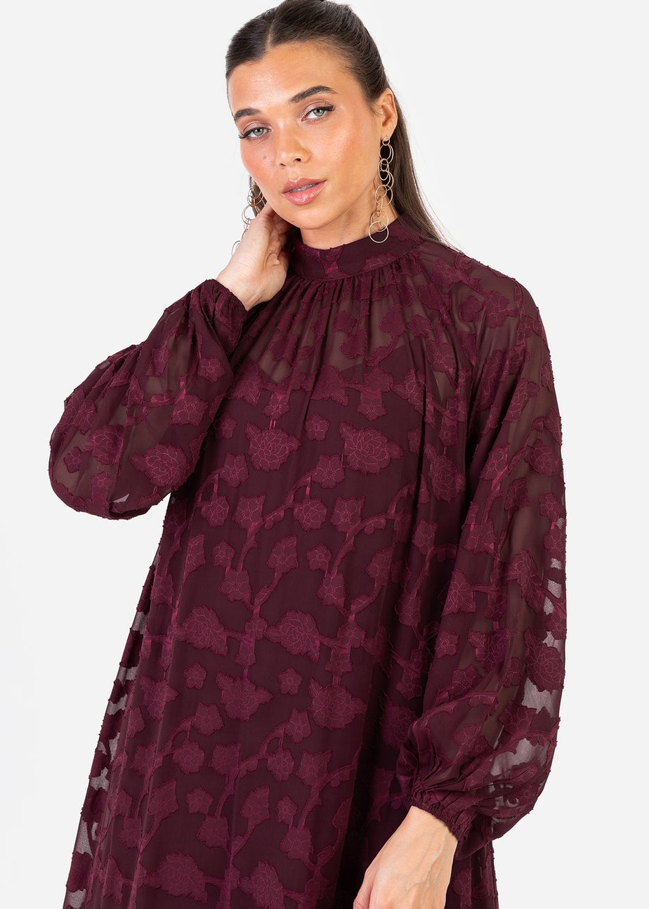 Anaya With Love Maroon Burnout Long Sleeve Trapeze Midaxi Dress