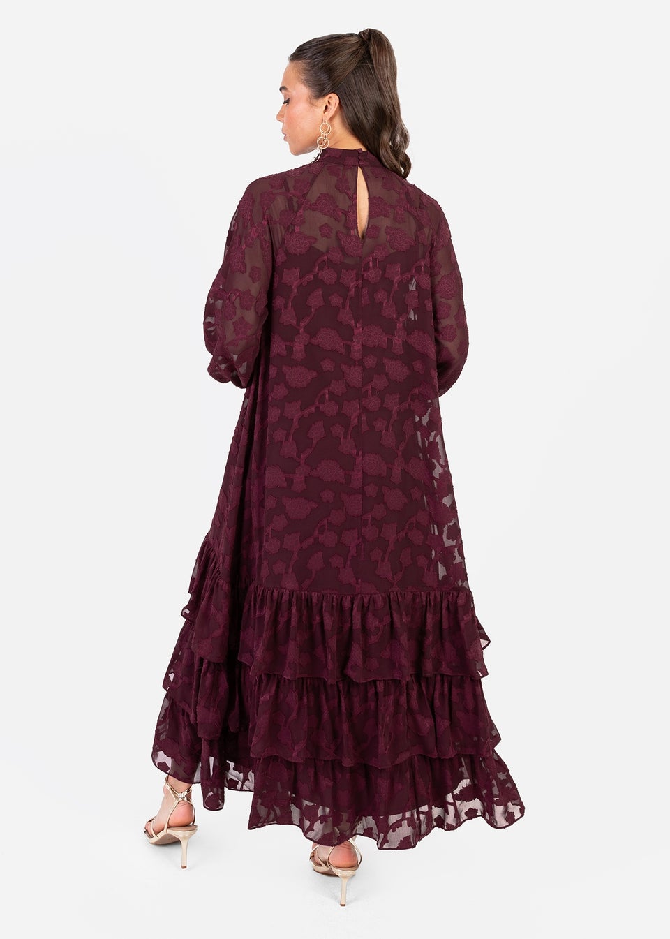 Anaya With Love Maroon Burnout Long Sleeve Trapeze Midaxi Dress