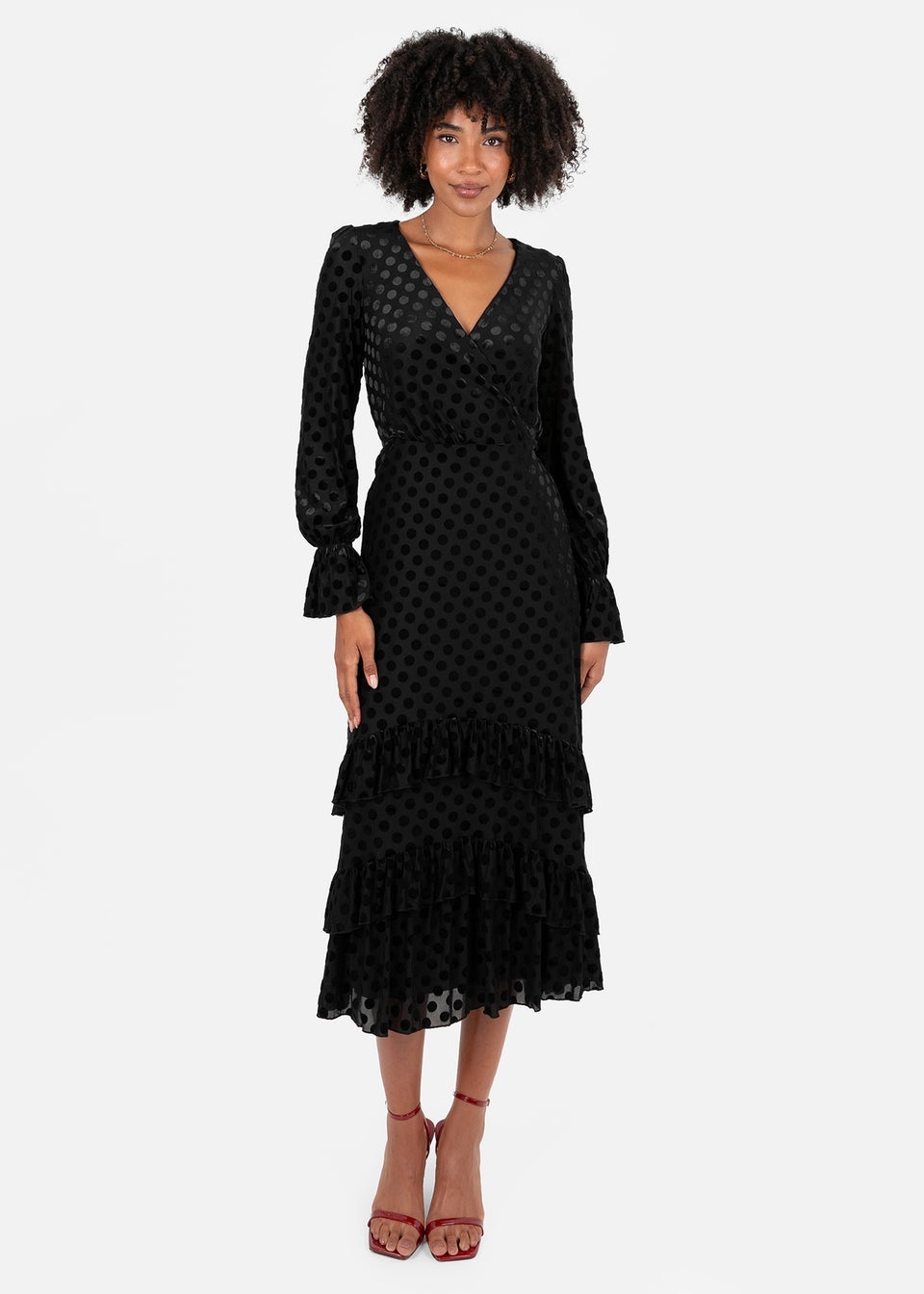 Lovedrobe Black Flocked Polka Dot Midaxi Dress