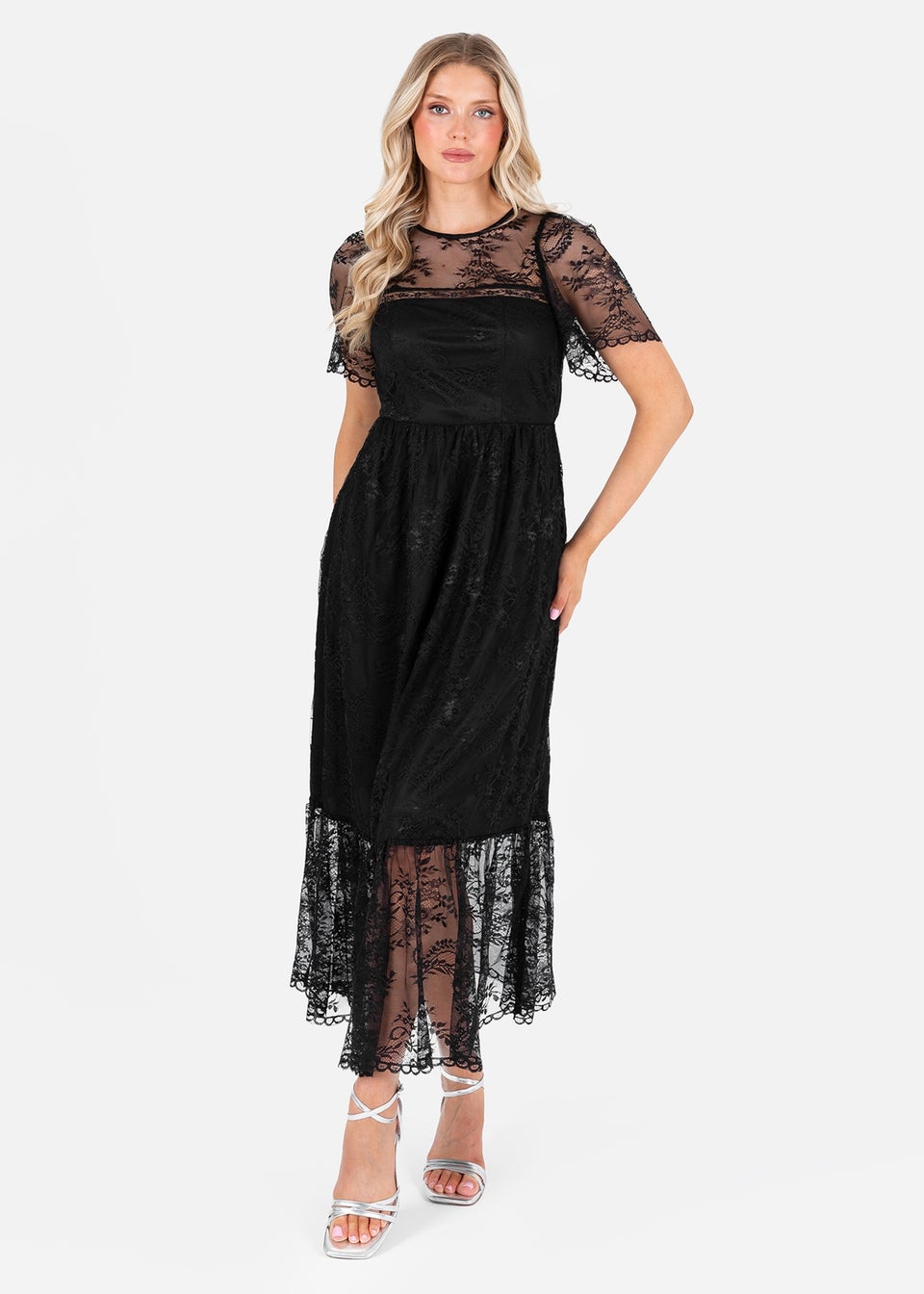 Lovedrobe Black Short Sleeve Lace Midi Dress