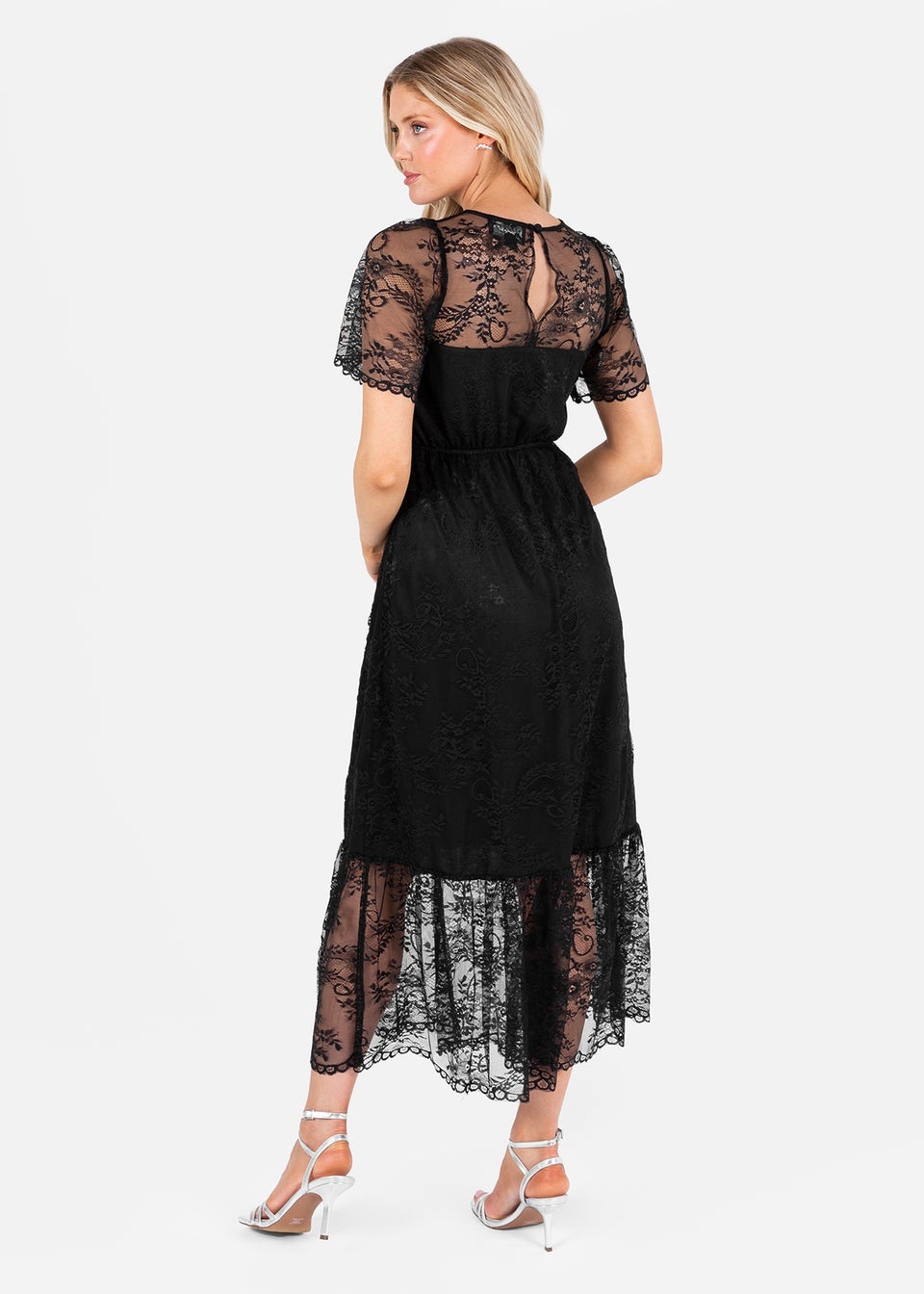 Lovedrobe Black Short Sleeve Lace Midi Dress