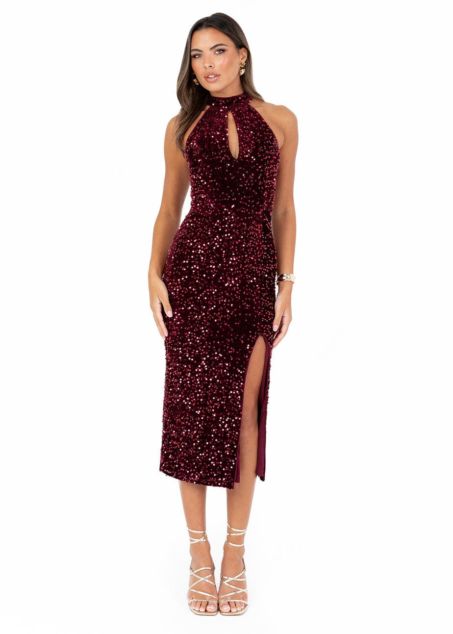 Maya Deluxe Burgundy Embellished Velvet Halter Neck Midi Dress