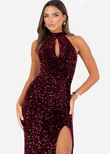 Maya Deluxe Burgundy Embellished Velvet Halter Neck Midi Dress