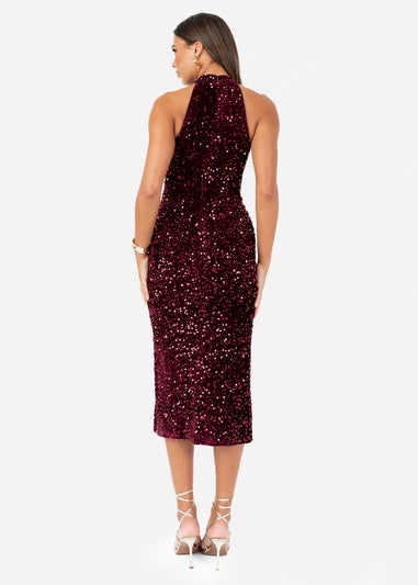 Maya Deluxe Burgundy Embellished Velvet Halter Neck Midi Dress