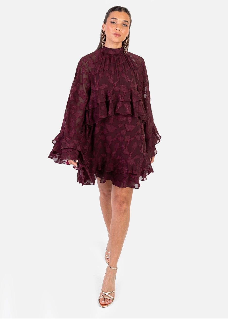 Anaya With Love Maroon Burnout Flared Long Sleeve Mini Dress