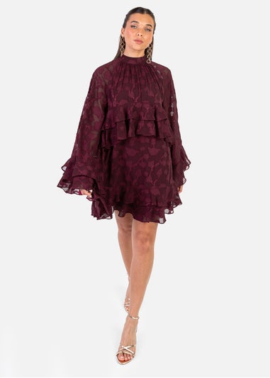 Anaya With Love Maroon Burnout Flared Long Sleeve Mini Dress