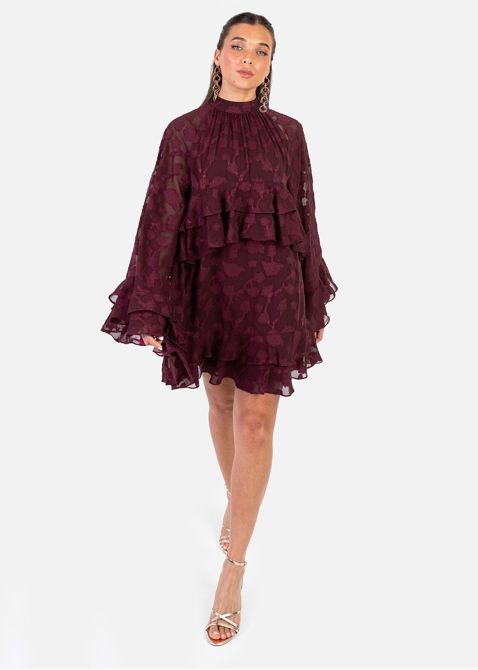 Anaya With Love Maroon Burnout Flared Long Sleeve Mini Dress