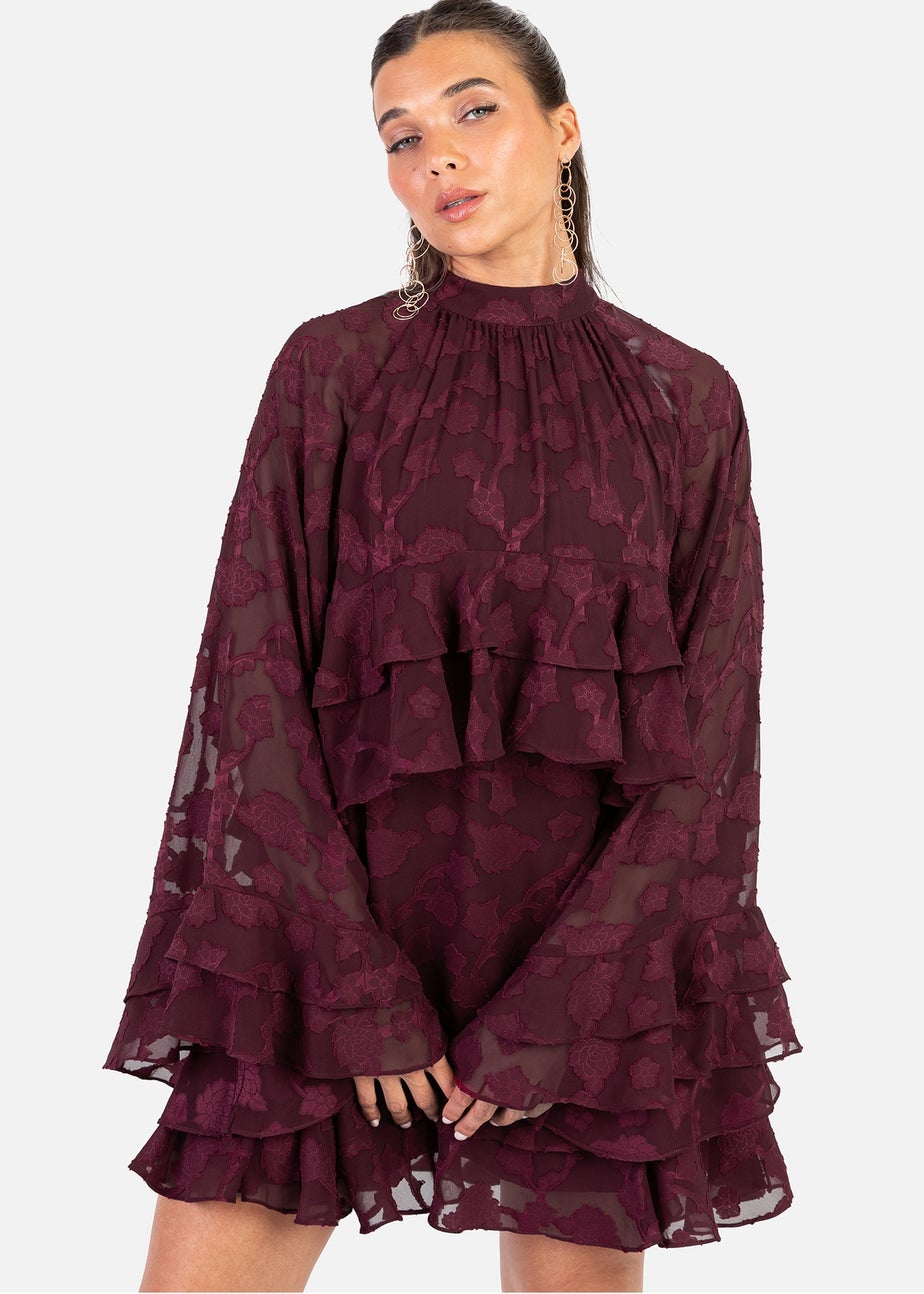 Anaya With Love Maroon Burnout Flared Long Sleeve Mini Dress