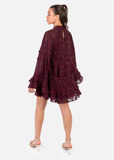 Anaya With Love Maroon Burnout Flared Long Sleeve Mini Dress