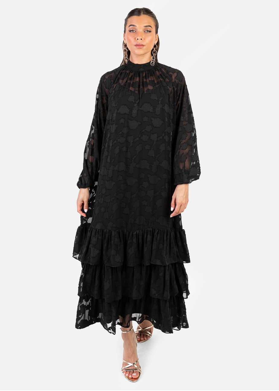 Anaya With Love Black Burnout Long Sleeve Trapeze Midaxi Dress