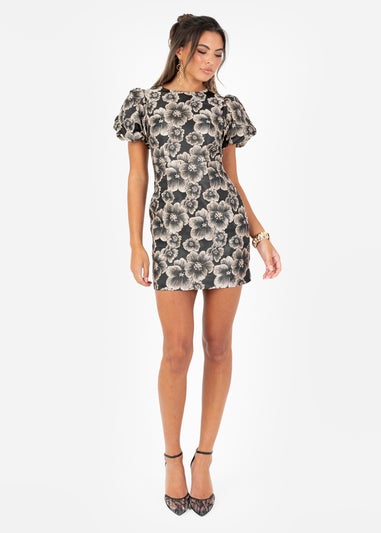 Maya Deluxe Black Floral Jacquard Keyhole Back Mini Dress