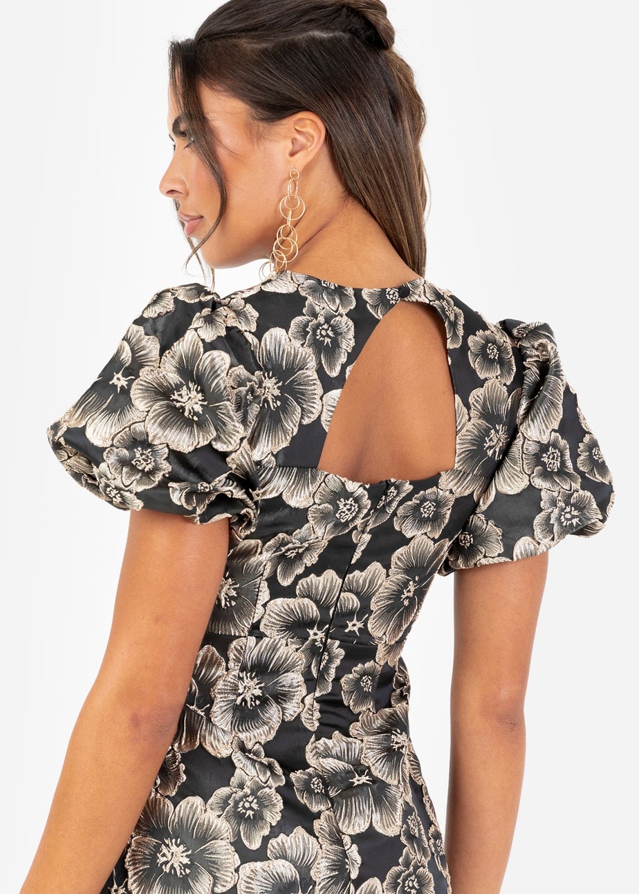 Maya Deluxe Black Floral Jacquard Keyhole Back Mini Dress