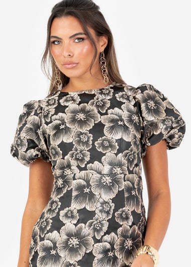 Maya Deluxe Black Floral Jacquard Keyhole Back Mini Dress
