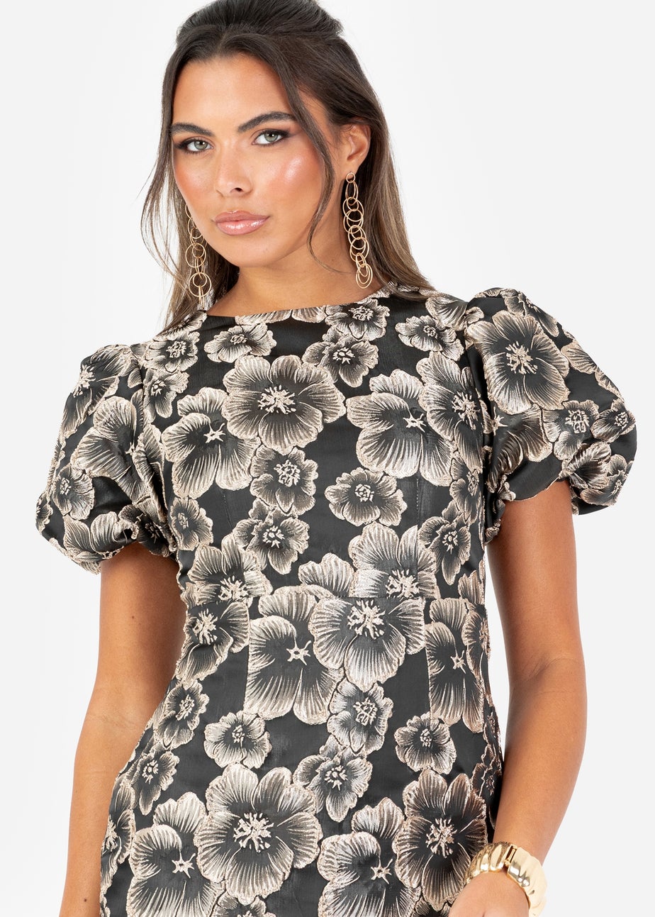 Maya Deluxe Black Floral Jacquard Keyhole Back Mini Dress