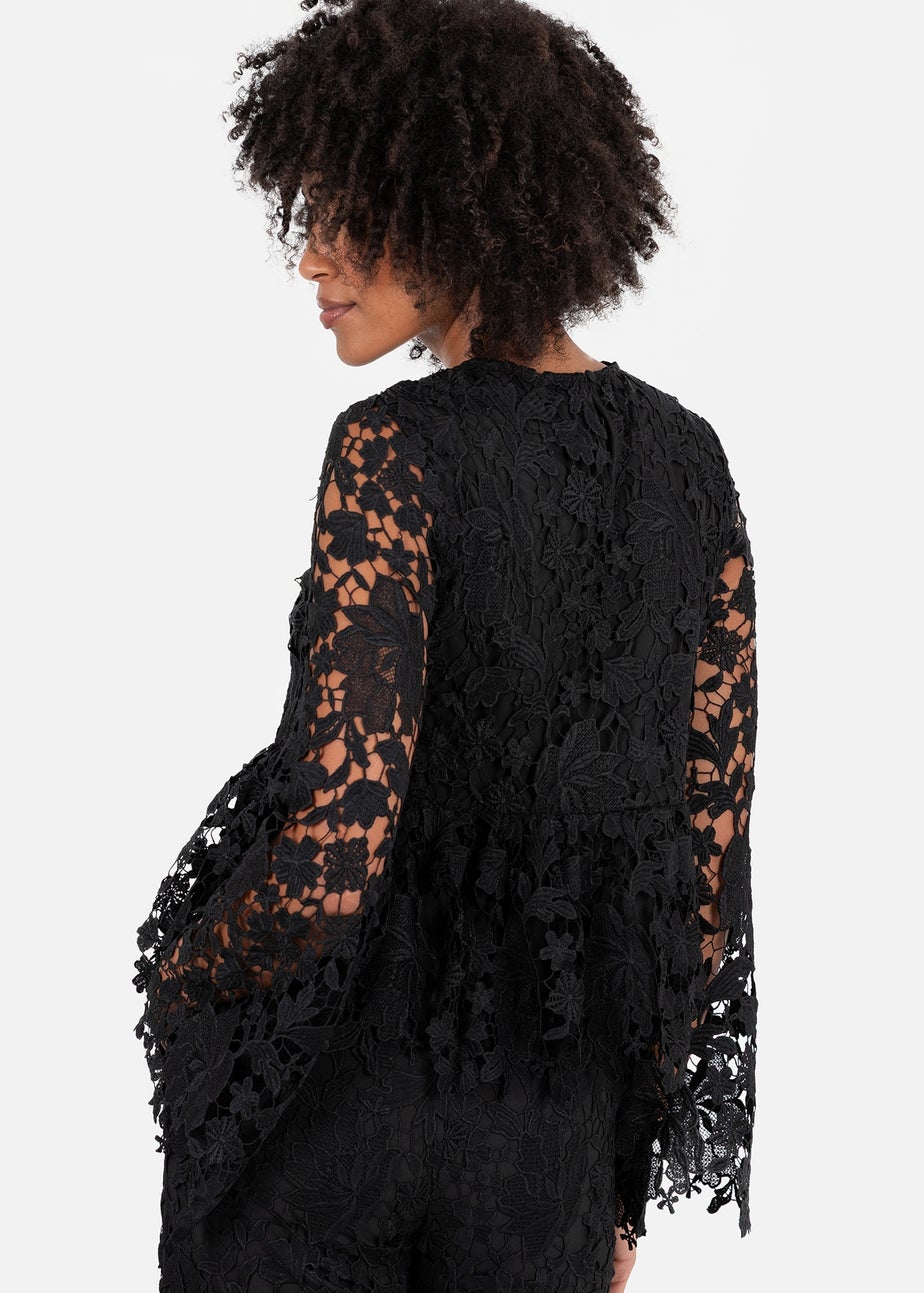 Lovedrobe Black Floral Lace Bell Sleeve Peplum Top