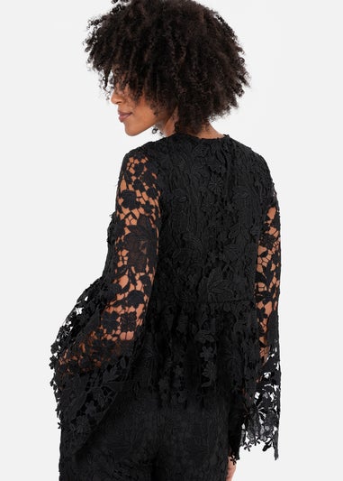 Lovedrobe Black Floral Lace Bell Sleeve Peplum Top