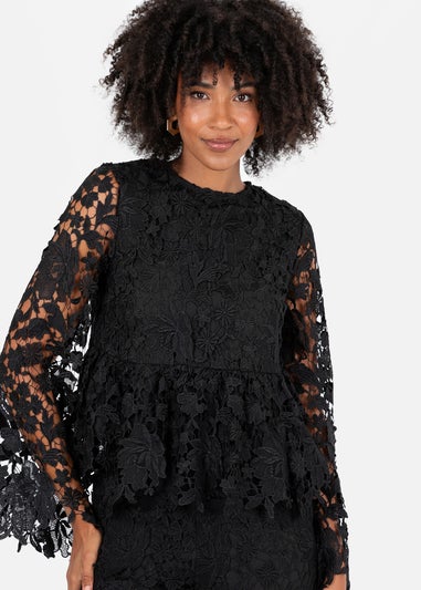 Lovedrobe Black Floral Lace Bell Sleeve Peplum Top
