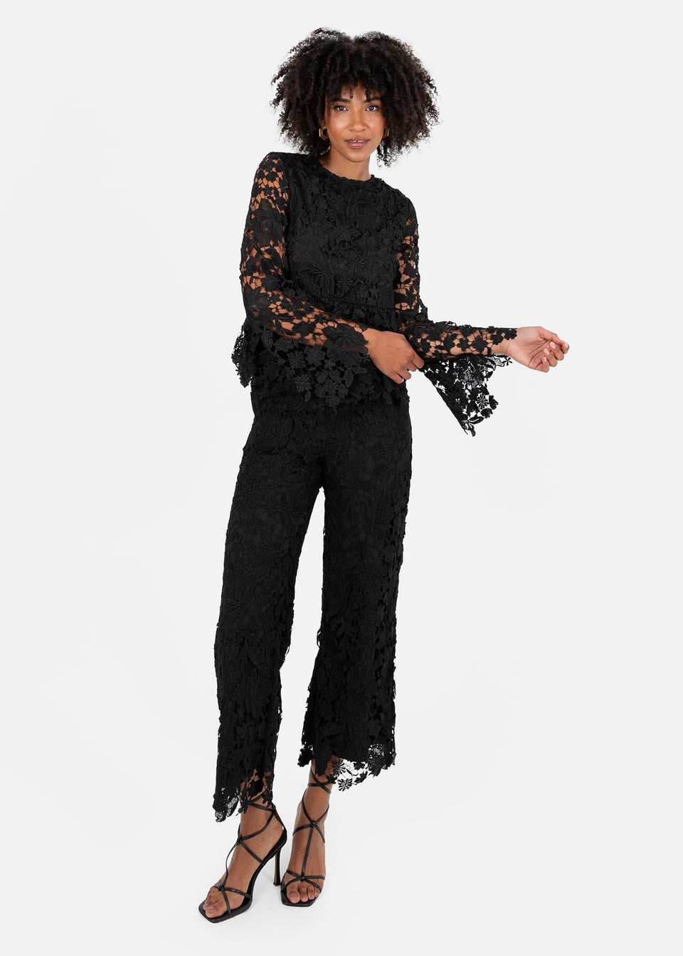 Lovedrobe Black Floral Lace Bell Sleeve Peplum Top