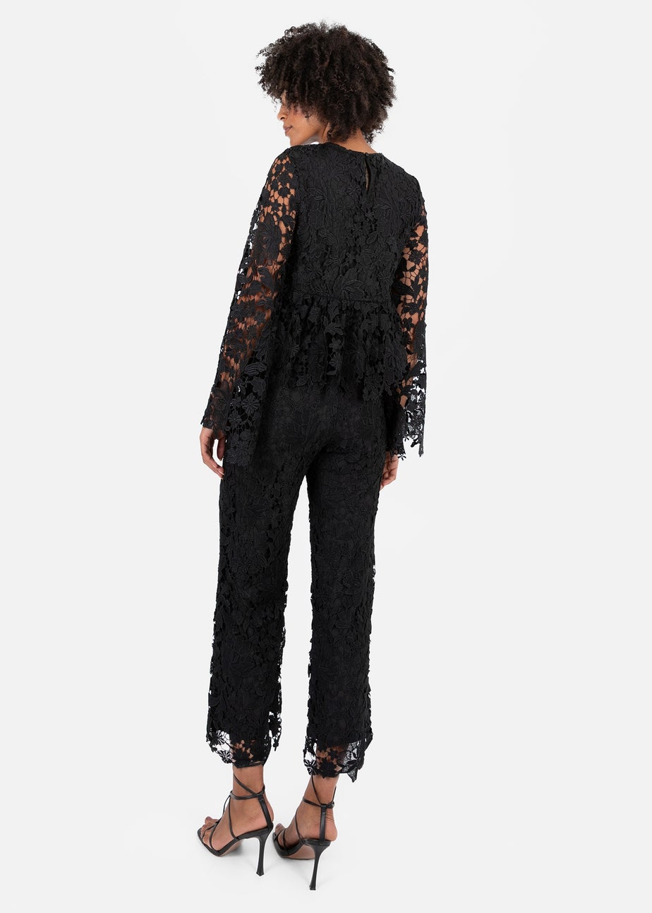 Lovedrobe Black Floral Lace Bell Sleeve Peplum Top
