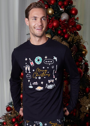Threadbare Black Christmas Print Long Pyjamas