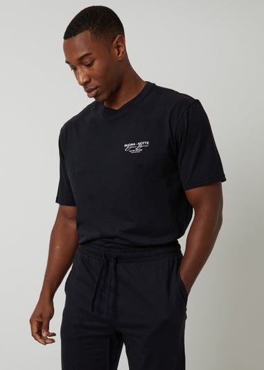 Threadbare Black Peached Cotton Short Sleeve Graphic Lounge Set