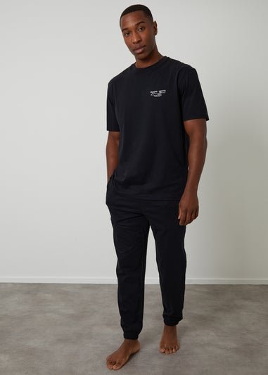 Threadbare Black Peached Cotton Short Sleeve Graphic Lounge Set