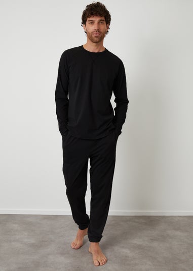 Threadbare Black Peached Cotton Long Cuffed Lounge Set