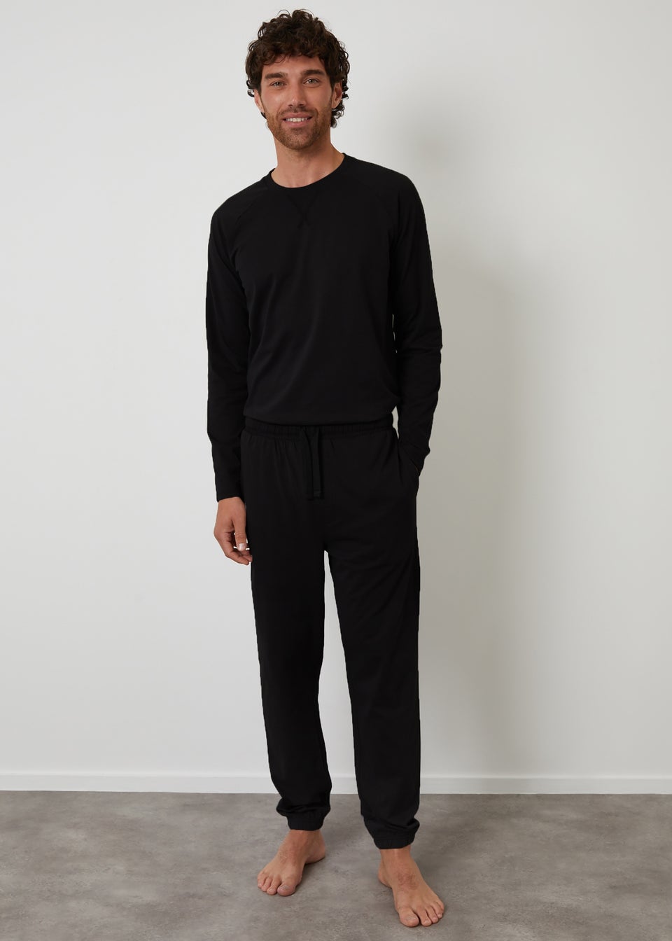 Threadbare Black Peached Cotton Long Cuffed Lounge Set