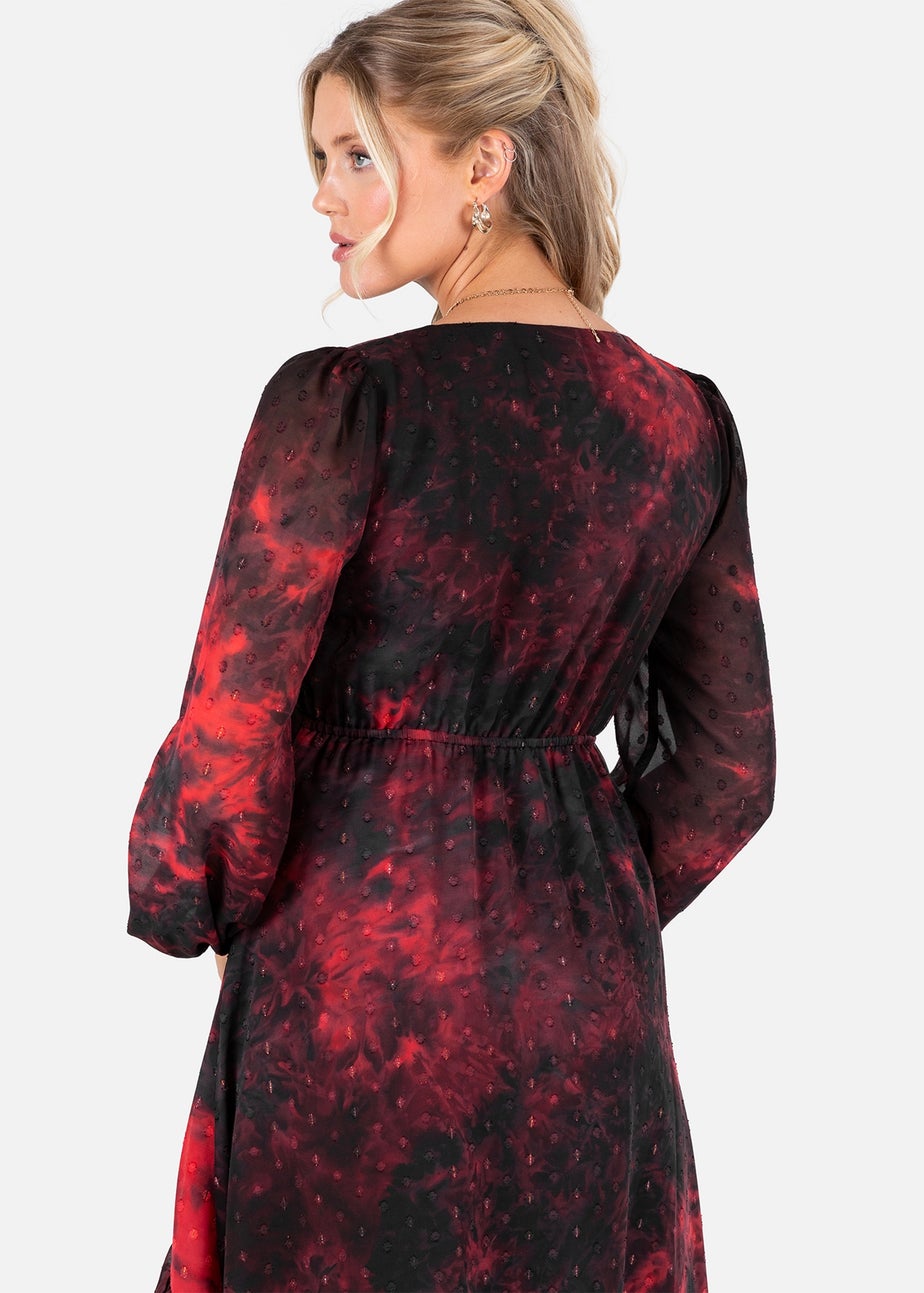 Lovedrobe Abstract V Neck Blouson Sleeve Ruffle Midaxi Dress