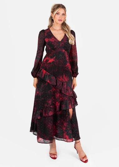 Lovedrobe Abstract V Neck Blouson Sleeve Ruffle Midaxi Dress