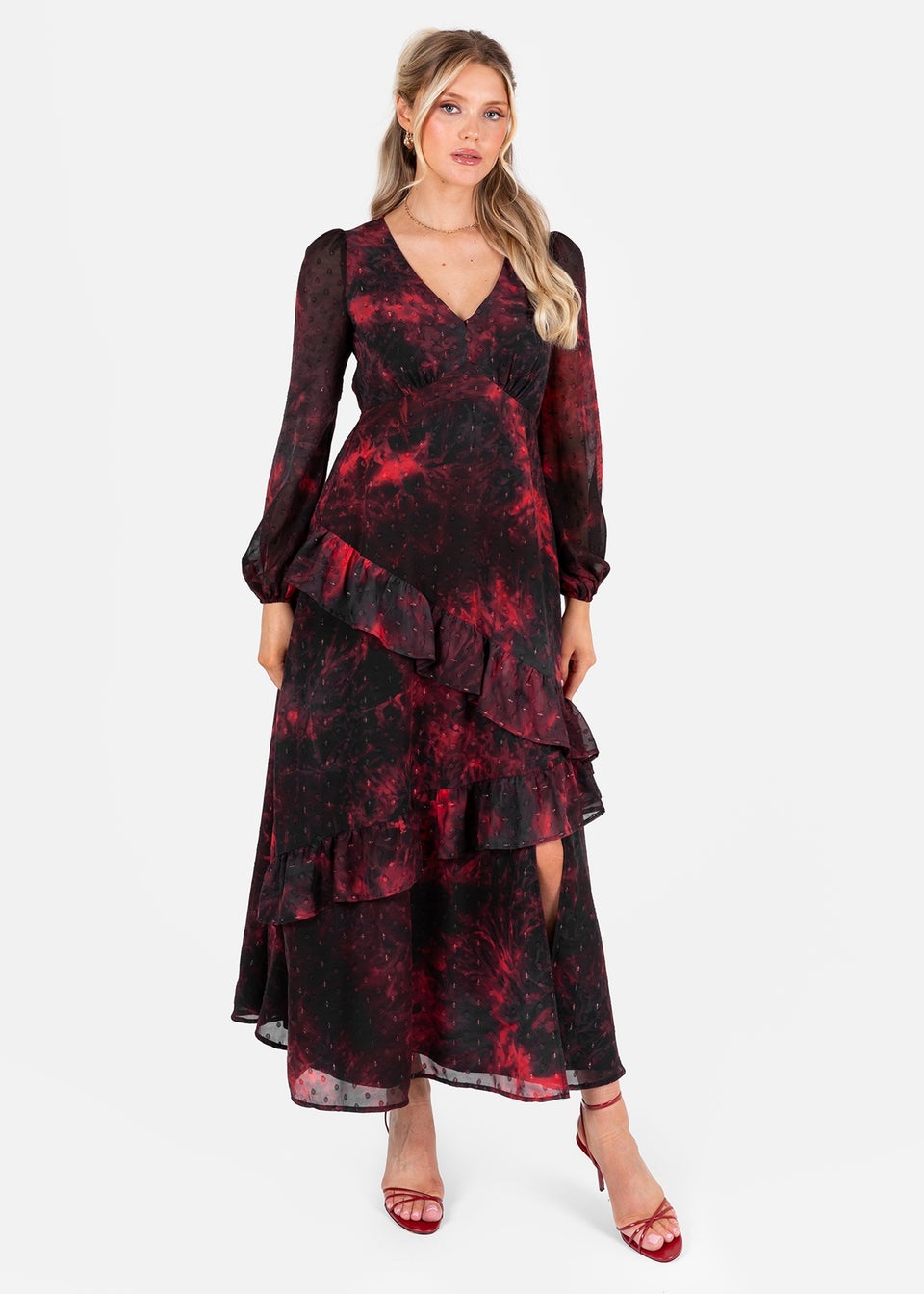 Lovedrobe Abstract V Neck Blouson Sleeve Ruffle Midaxi Dress