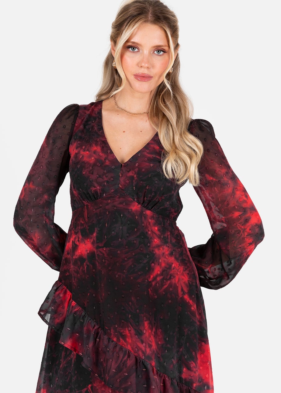 Lovedrobe Abstract V Neck Blouson Sleeve Ruffle Midaxi Dress