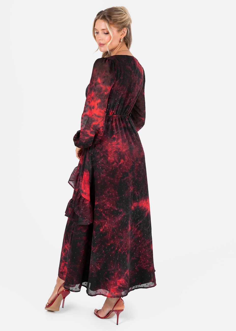 Lovedrobe Abstract V Neck Blouson Sleeve Ruffle Midaxi Dress
