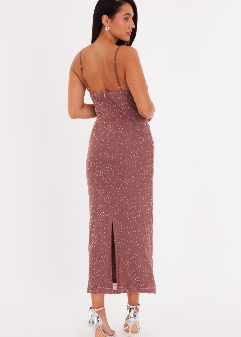 Quiz Brown Mesh Diamante Maxi Dress