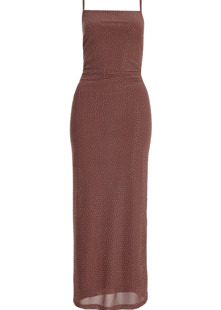 Quiz Brown Mesh Diamante Maxi Dress