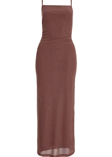 Quiz Brown Mesh Diamante Maxi Dress
