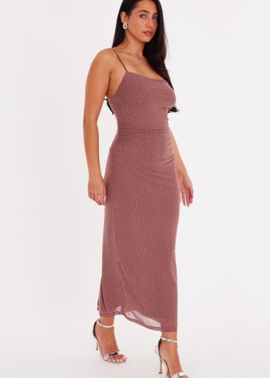 Quiz Brown Mesh Diamante Maxi Dress