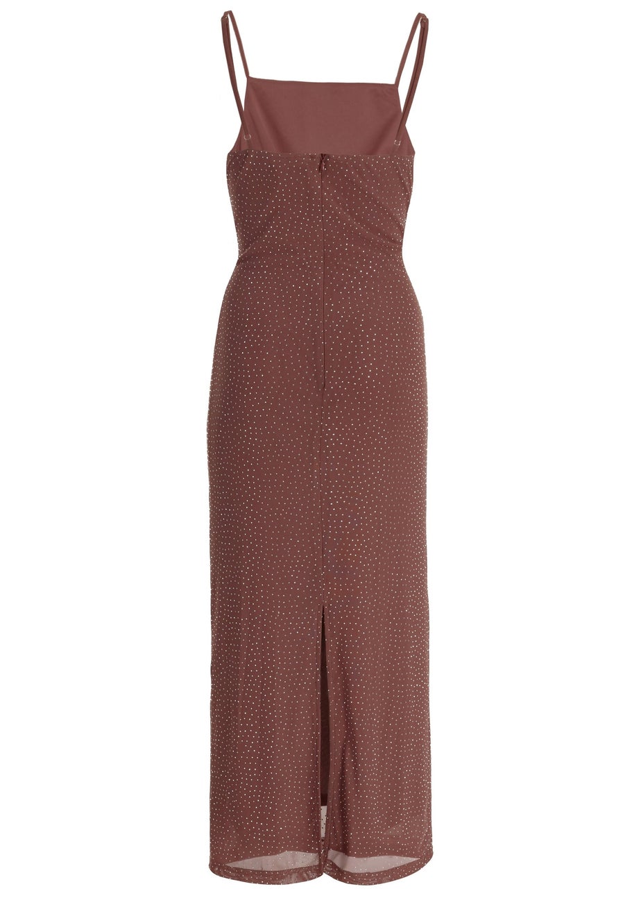 Quiz Brown Mesh Diamante Maxi Dress