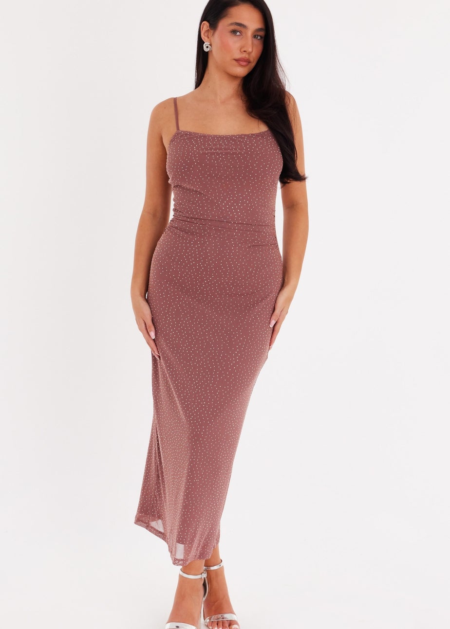 Quiz Brown Mesh Diamante Maxi Dress