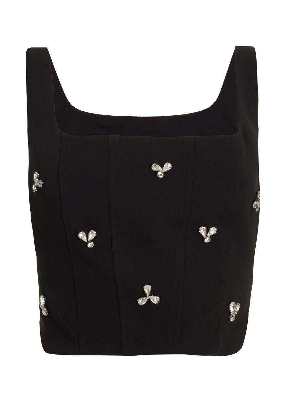 Quiz Black Embellished Square Neck Top