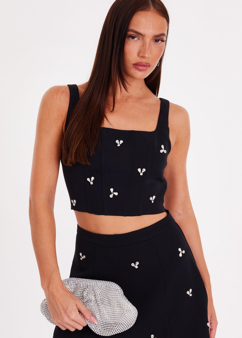 Quiz Black Embellished Square Neck Top
