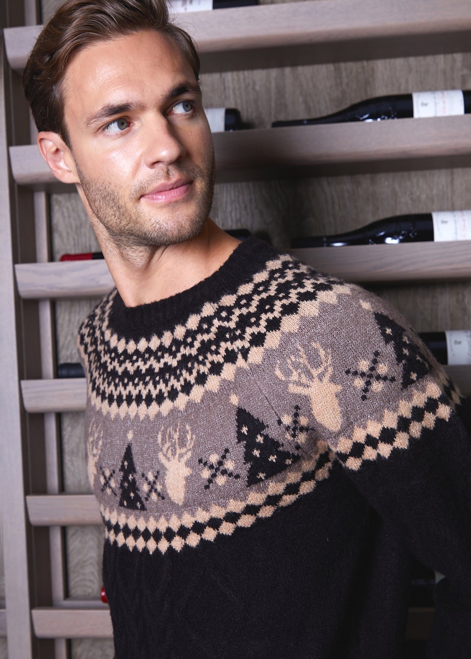 Threadbare Black Cable Knit Fairisle Christmas Jumper